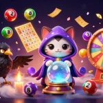 PANGKALANSLOT showcases a lively gaming scene with a mystical cat and a tarot raven amidst vibrant lottery elements.