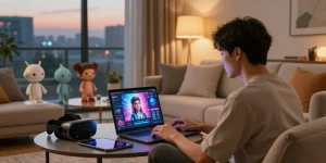Interactive character ai nsfw roleplay scene with user immersed in AI companionship.
