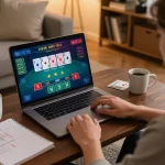 Player strategically engaging in live dealer blackjack at home using lu88 online casino interface, showcasing a dynamic gaming session.
