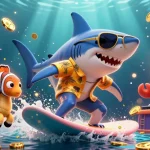 Win big at the online casino with a shark surfing on gold coins and vibrant slot elements.