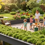 Gezin geniet van een weelderige groen dak overkapping in een levendige tuin, die biodiversiteit en schoonheid toont.