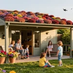 Vibrante groen dak overkapping in een zonnige tuin met een familie die geniet van een ontspannen middag.
