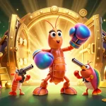 Hitclub9us showcases a vibrant casino scene with cartoon shrimp amidst a treasure vault, enhancing your winning experience.