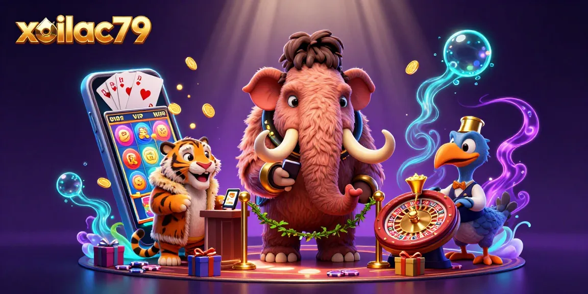Xoilac79 offers a luxurious gaming experience with a woolly mammoth bouncer, showcasing vibrant slot elements.