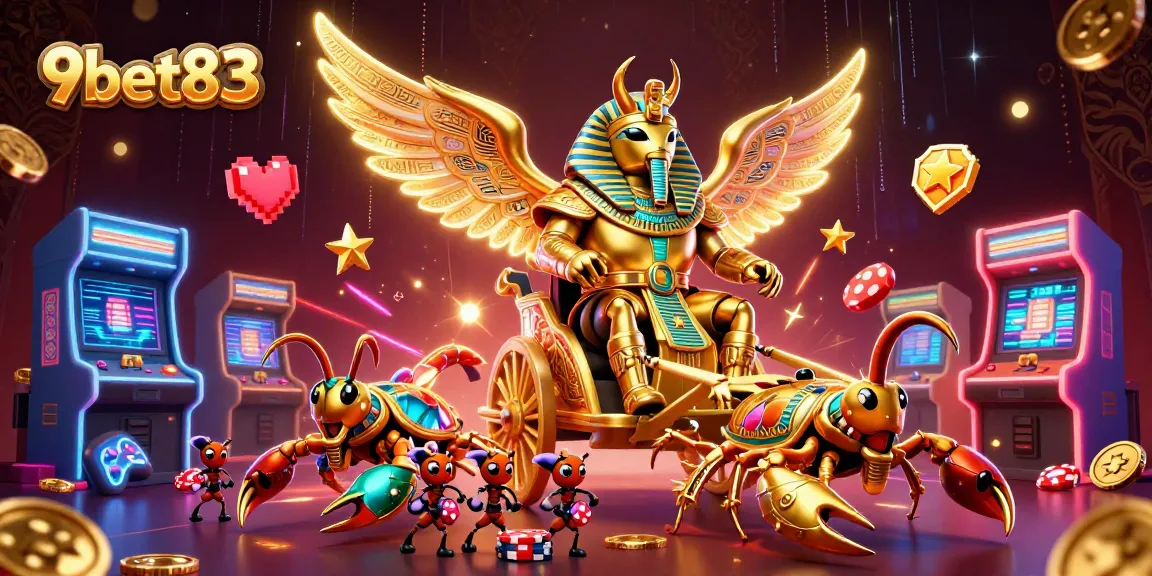 Experience thrilling gaming action with 9bet83's dynamic casino illustration featuring vibrant characters and elements.