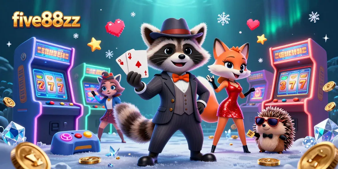 Experience the excitement of five88zz with a raccoon and friends playing cards in a vibrant casino setting.