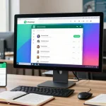 Using WhatsApp網頁版 on a desktop with vibrant chat interface, modern workspace setup.