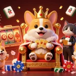 Bet big on m88 login with a royal corgi king, celebrating casino games and thrilling wins.