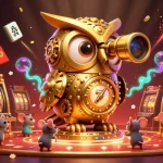 Experience thrilling action at 9bet67 with a vibrant casino scene featuring a clockwork owl and slot machines.