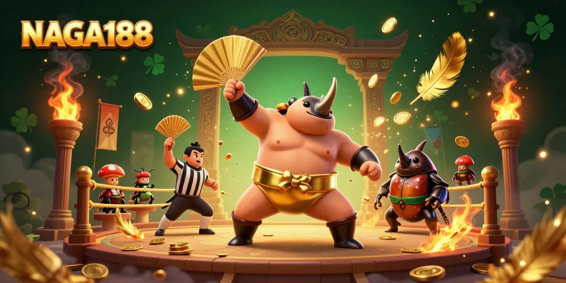 NAGA188 menyajikan pertarungan sumo seru dengan karakter unik dan koin bertebaran, menunjukkan suasana kasino yang meriah.
