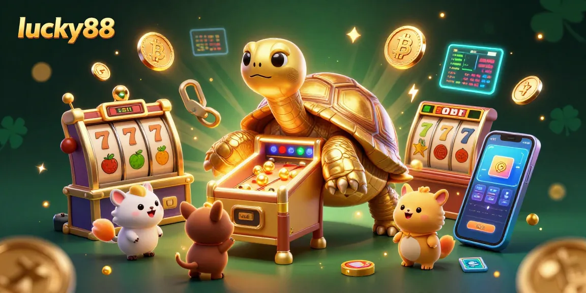 Engaging the lucky88 slot game, players enjoy a vibrant carnival with golden tortoise and crypto coins.