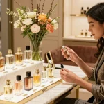 Een stijlvolle vrouw die exclusieve parfums bewondert in een luxe geurenshop, met een elegante geurflacon in de hand.