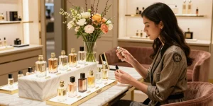 Een stijlvolle vrouw die exclusieve parfums bewondert in een luxe geurenshop, met een elegante geurflacon in de hand.