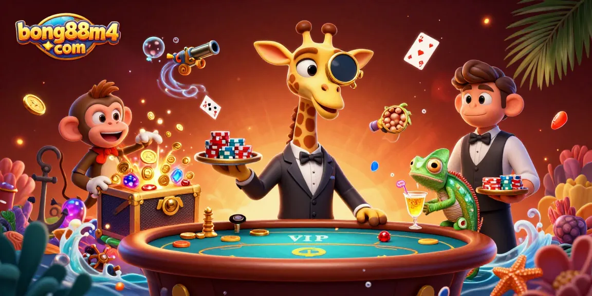Experience thrilling gameplay at bong88m4 com with a high-roller giraffe and monkey valet in a vibrant casino scene.