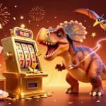 FABET celebrates big winnings with 3D cartoon characters headbutting a slot machine amid gold coins and vibrant casino elements.