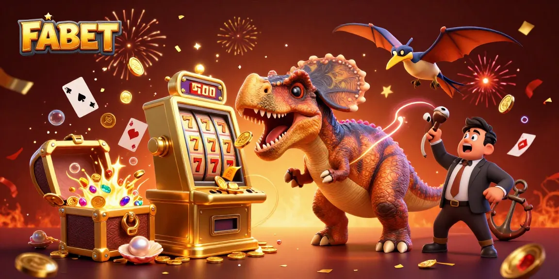 FABET celebrates big winnings with 3D cartoon characters headbutting a slot machine amid gold coins and vibrant casino elements.
