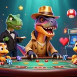 Experience excitement at Winner Island with a cartoon velociraptor playing blackjack, surrounded by colorful gaming elements.