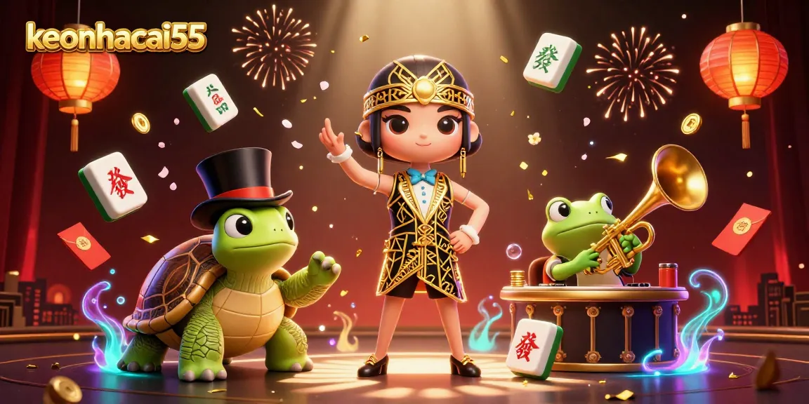 Experience keonhacai55 as a lively scene of a roaring-twenties speakeasy filled with 3D characters and casino elements.