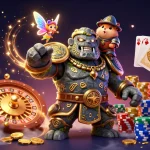 Engage in exciting adventures on trang chủ o8 with a magical scene of a golem and friends amidst golden coins and casino elements.