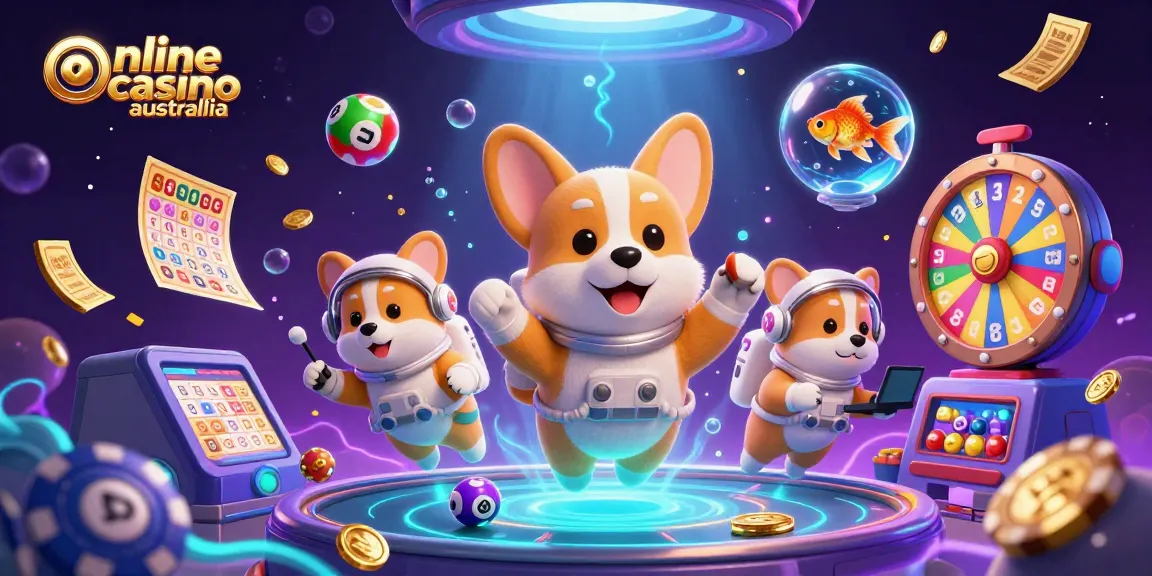 Engage with the vibrant world of online casino Australia through a lively 3D scene featuring a cartoon astronaut corgi amidst a cosmic casino adventure.