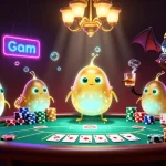 3WIN glowworms light up a vibrant poker scene with a bat dealer, creating a captivating casino atmosphere.
