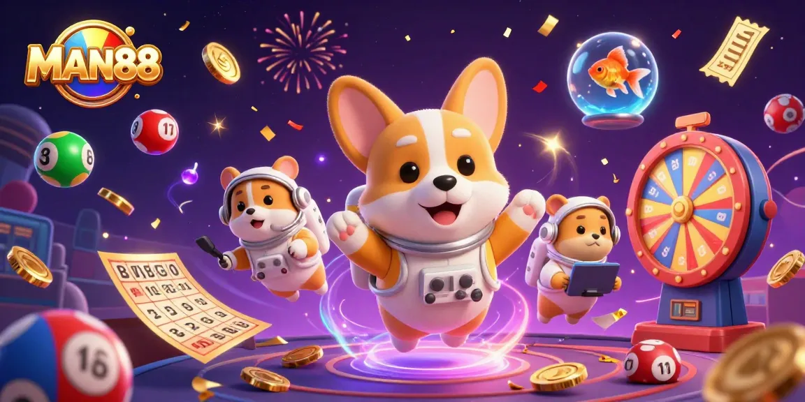 Experience the thrill of winning with MAN88 in this vibrant casino-themed illustration.