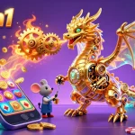 Engage with exciting casino thrills through 58win1's vibrant 3D scene filled with games and golden treasures.