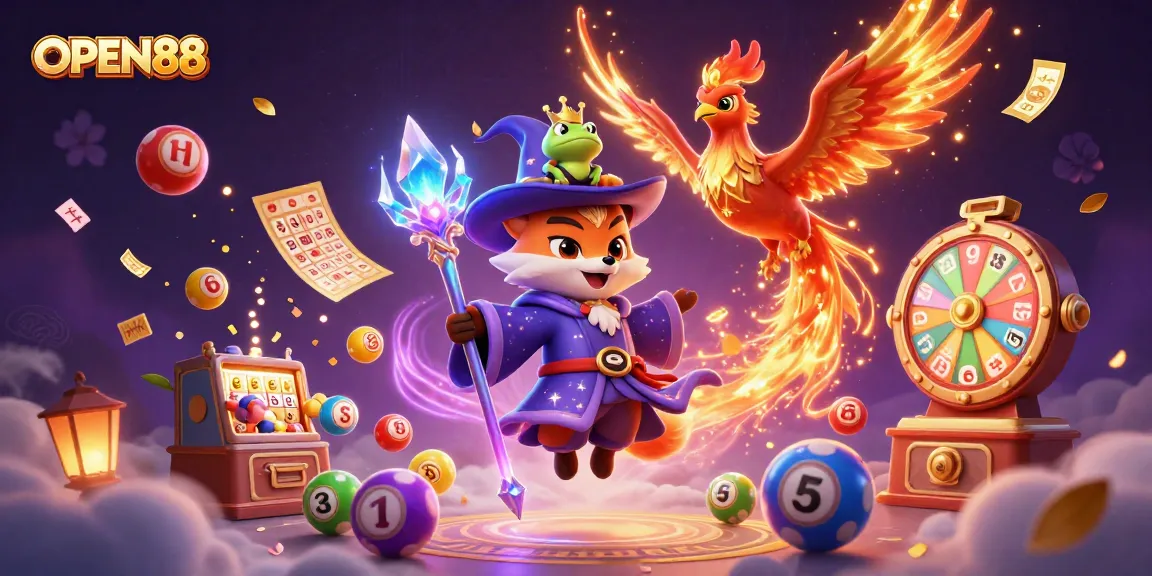 Experience thrilling gameplay at OPEN88 with a vibrant 3D casino illustration showcasing exciting lottery elements.