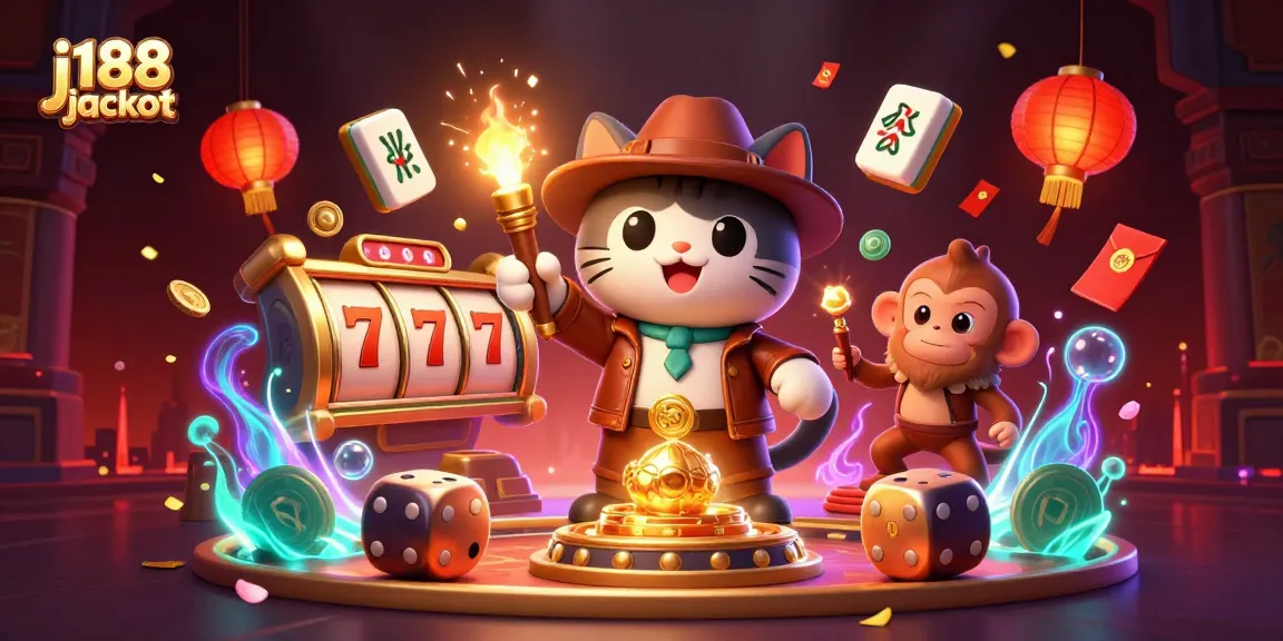 Experience the excitement of j188 jackpot with a vibrant casino scene featuring an archaeologist cat and a monkey.