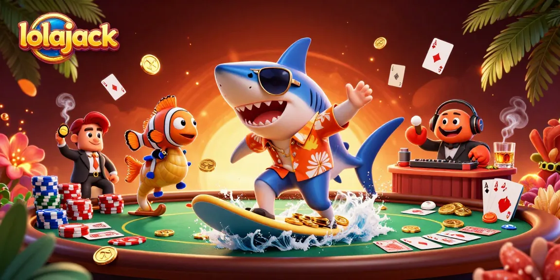 Experience thrilling adventures at Lolajack Casino with a vibrant 3D illustration featuring games and characters.