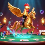Experience the thrill of LODE88 with a golden rooster riding in a vibrant casino scene.