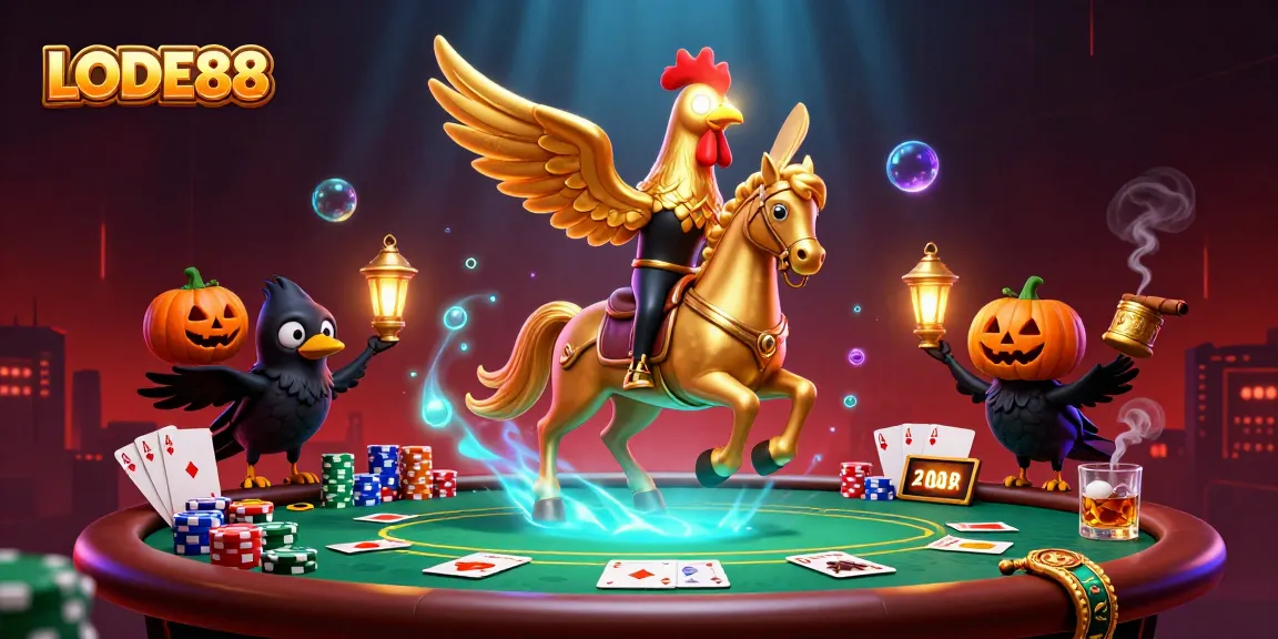 Experience the thrill of LODE88 with a golden rooster riding in a vibrant casino scene.
