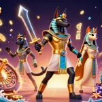 Spin the wheels of fortune at hitclub888 with Anubis and Bastet in an epic casino scene!