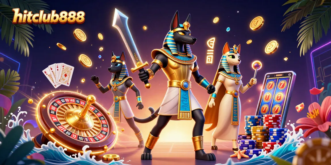 Spin the wheels of fortune at hitclub888 with Anubis and Bastet in an epic casino scene!