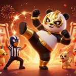 Spin to win with VU88's vibrant casino action featuring a panda wrestler, animated slot symbols, and lively spectators.