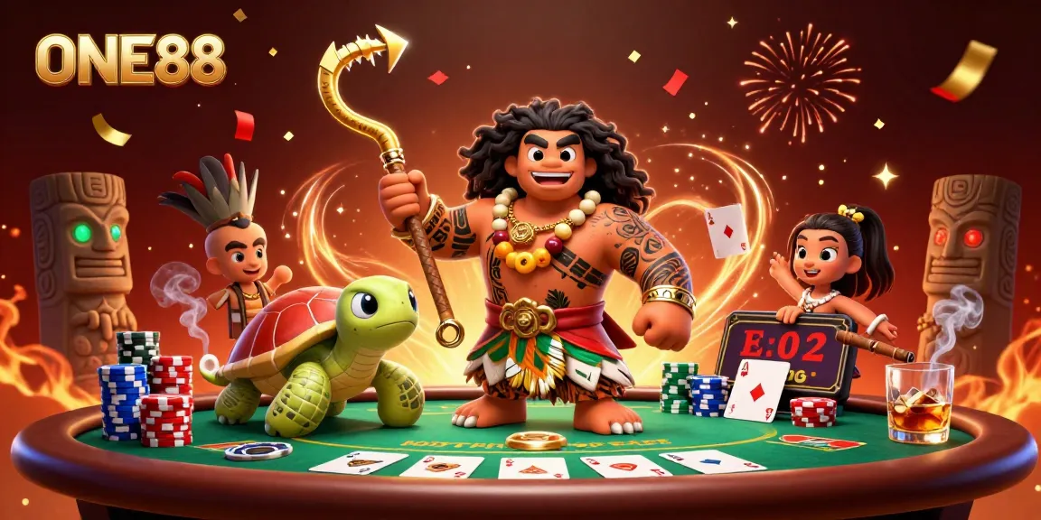 Experience thrilling poker action at ONE88 with an energetic 3D scene filled with vibrant characters and gaming elements.