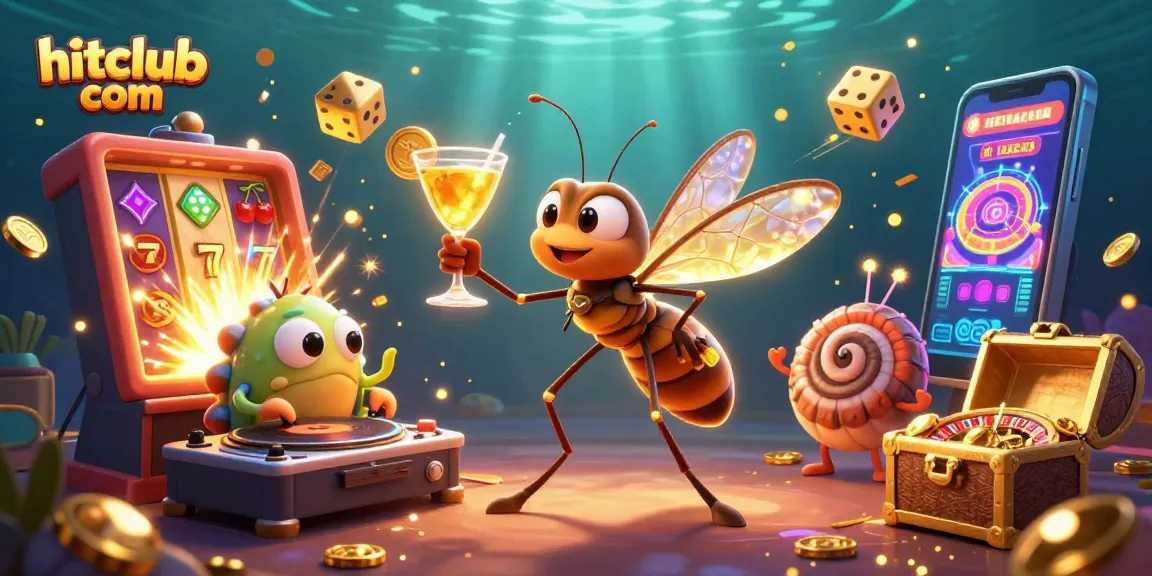 Spin and win at hitclub com with a vibrant, 3D casino illustration featuring animated characters and games.