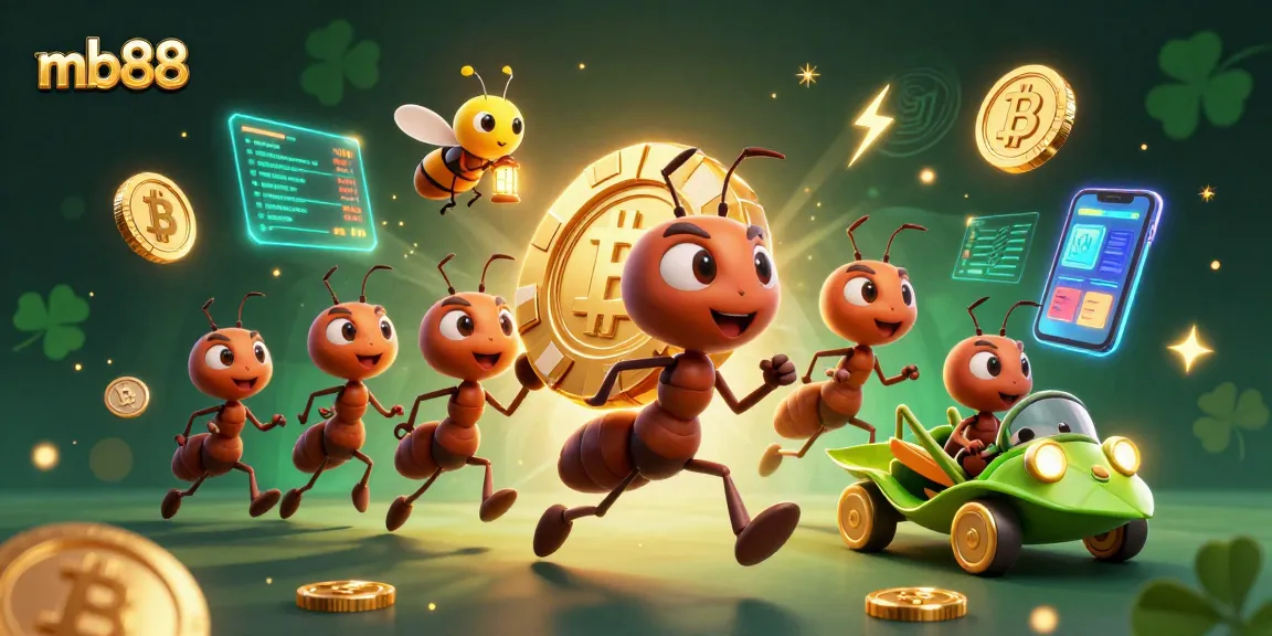 Experience thrilling adventures at mb88 while ants carry a large poker chip in a vibrant gaming world.