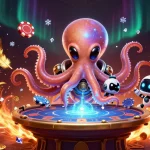 Experience the thrill of 777x casino with alien octopus at a holographic poker table, surrounded by vibrant casino elements.