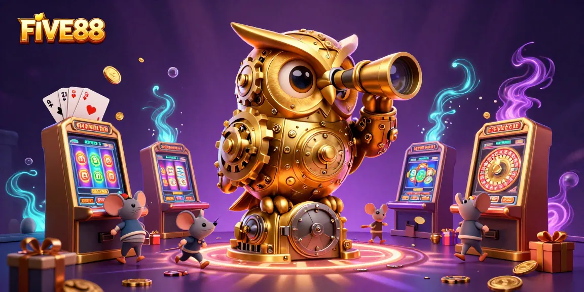 Engage with FIVE88’s thrilling casino experience featuring 3D cartoon elements representing excitement and action.