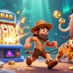 Experience NK88 in an exciting prehistoric casino scene with vibrant gaming elements and characters.