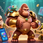 Experience thrilling gaming action with 88vv com, showcasing a powerful gorilla king amidst slot reels and crypto coins.