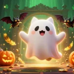 Experience an enchanting scene at lucky88t featuring a ghost cat and vampire bat in a vibrant casino adventure.