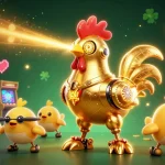 Experience the thrill of 79king with a vibrant 3D illustration featuring a golden rooster robot and baby chick drones amid dynamic casino-themed elements.