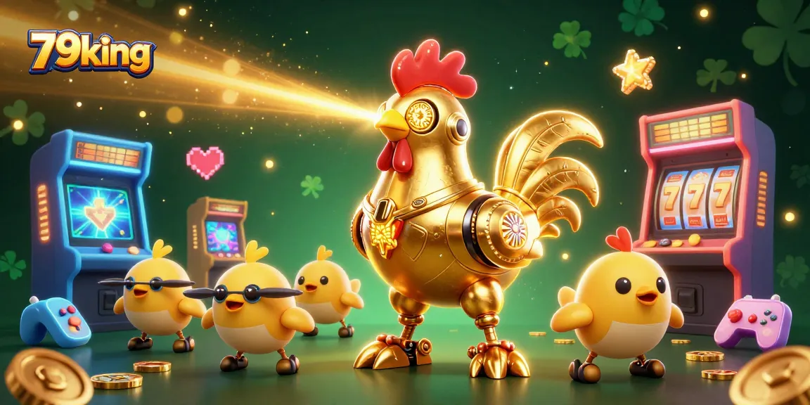 Experience the thrill of 79king with a vibrant 3D illustration featuring a golden rooster robot and baby chick drones amid dynamic casino-themed elements.
