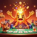 Experience the thrill of 23win with a victorious golden volcano erupting treasure in an exciting casino scene.