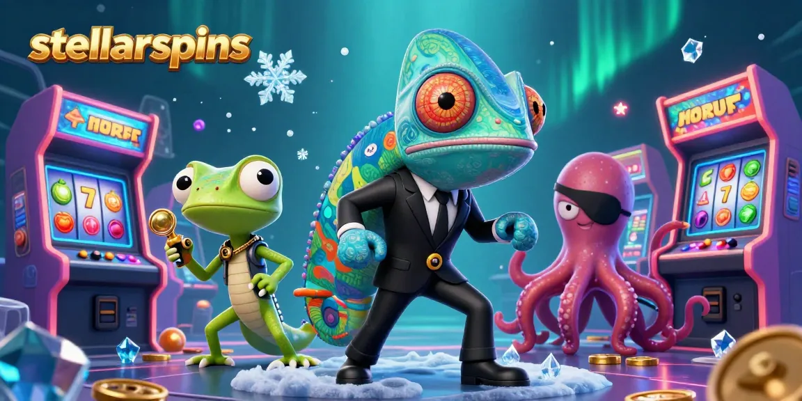 Engage in exciting slot games with stellarspins featuring a colorful cartoon chameleon and vibrant game elements.
