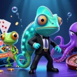 Aureon Casino showcases vibrant 3D illustration with a secret agent chameleon and gaming elements.