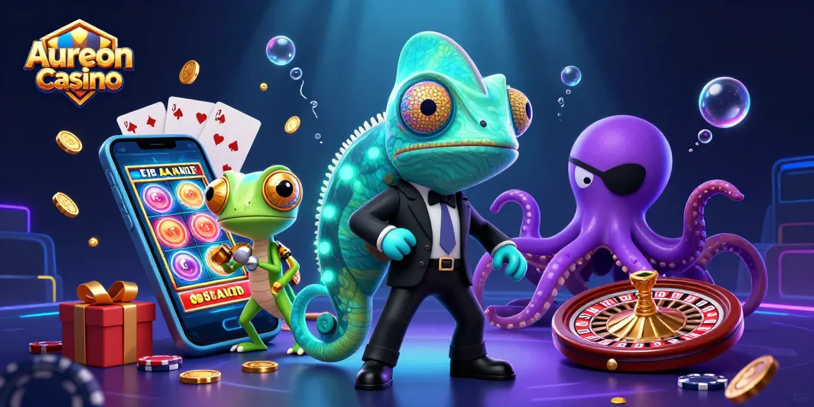 Aureon Casino showcases vibrant 3D illustration with a secret agent chameleon and gaming elements.