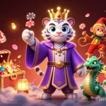Experience the thrill of pg99 slots with a regal tiger, jester monkey, and jade dragon amidst vibrant treasures.